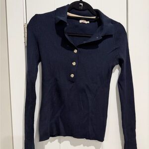 Faherty Navy Blue Long Sleeve Ribbed Polo Top